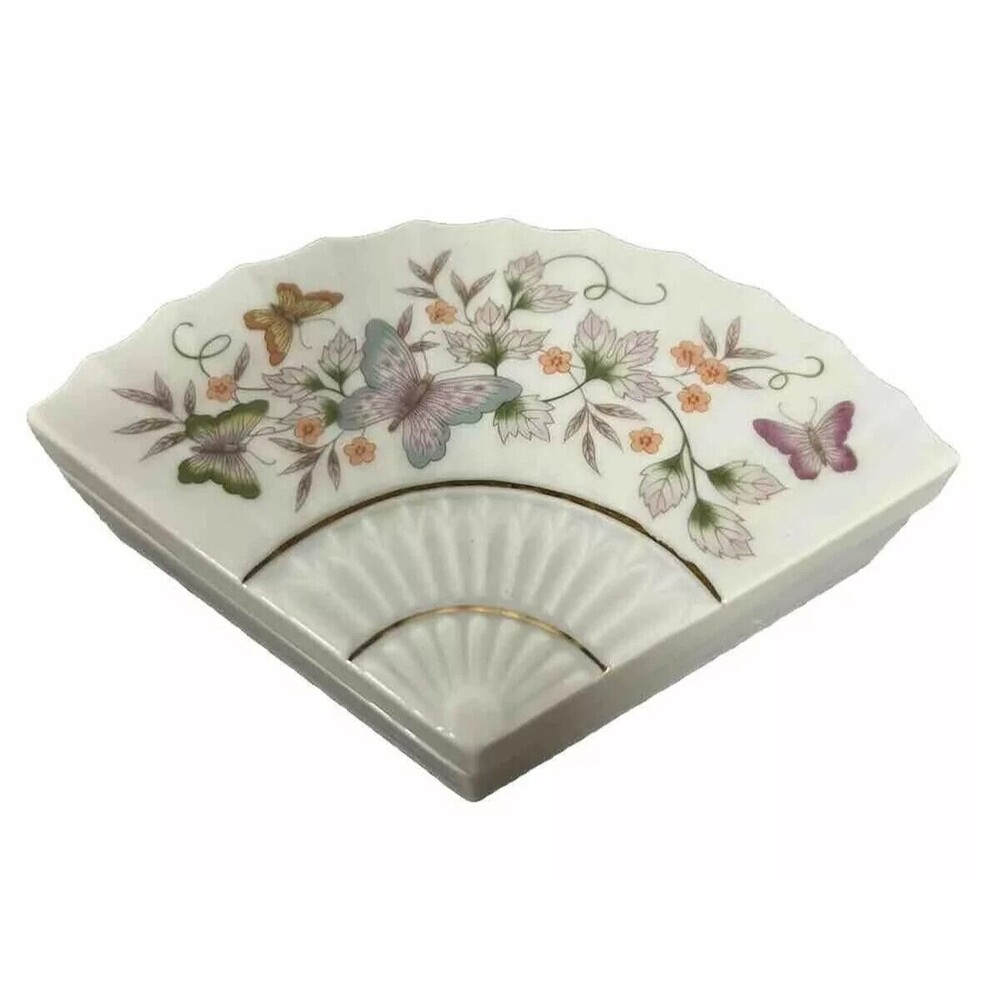Avon Asian Fan Trinket Box Jewelry Box Storage Porcelain Floral Butterfly Gift